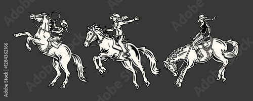 Vintage cowgirl riding and roping horses, perfect for Western-themed designs.