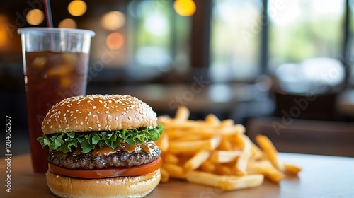Cheeseburger, fries, iced tea, restaurant lunch