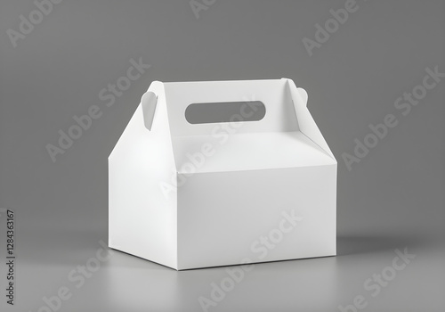 Blank white pastry box with handle mockup on grey background. Empty cardboard container for take-away food. Modern design for bakery, food delivery. Ideal for product presentation, packaging design.
