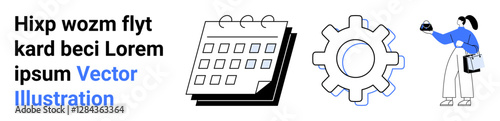 Calendar, gear, and person interacting with technology emphasize efficiency, planning, and problem-solving. Ideal for scheduling, teamwork, productivity, technology operations innovation flat