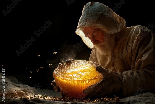 Elderly beekeeper harvests honey while surrounded by buzzing bees in a dark, rustic hive environment photo