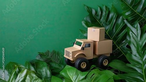Cardboard truck amidst tropical leaves