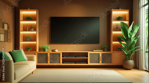 Modern Minimalist Living Room Interior With Television Set, Sofa,Green Plants, A vase with dried flowers.Elegant and Modern Living Room Design Ideas.