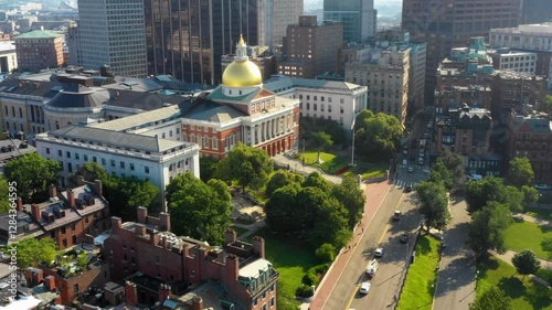 Aerial Drone Flight Towards Massachusetts State House on a Sunny Summer Day