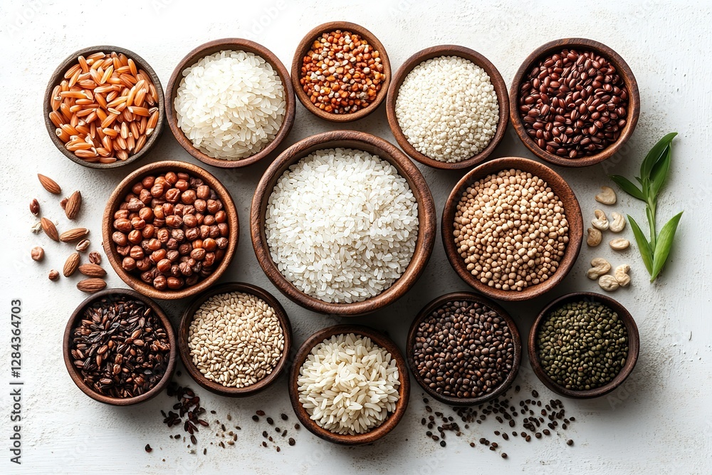 Variety of grains beans and nuts arranged in wooden bowls showcasing a diverse and healthy pantry selection Wholesome food choices Variety of grains beans and nuts arranged in wooden bowls showcasing a diverse and healthy pantry selection Wholesome food choices