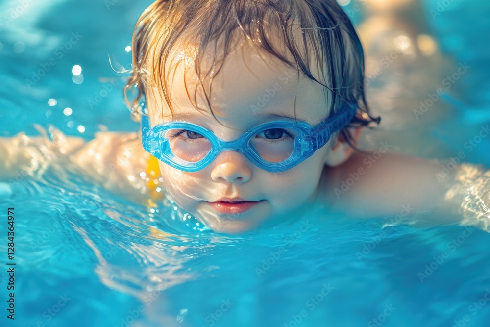 Naklejka premium Child with swimming goggles enjoying playful moments in clear blue water during summer at a pool. Generative AI