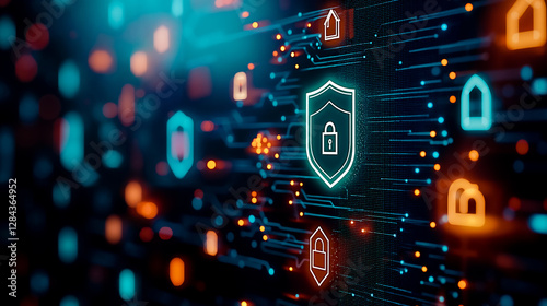 A security icon on a circuit board with a padlock on it