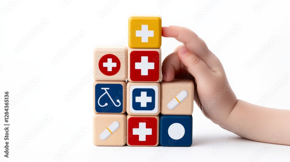 Wooden Blocks with Healthcare Symbols and Child's Hand in Focus Wooden Blocks with Healthcare Symbols and Child's Hand in Focus