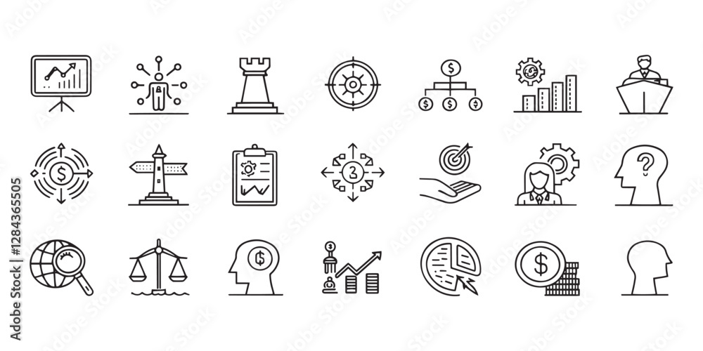 Fototapeta premium Set of Decision making, uncertainty, strategy, vision, problem solving and career path editable stroke