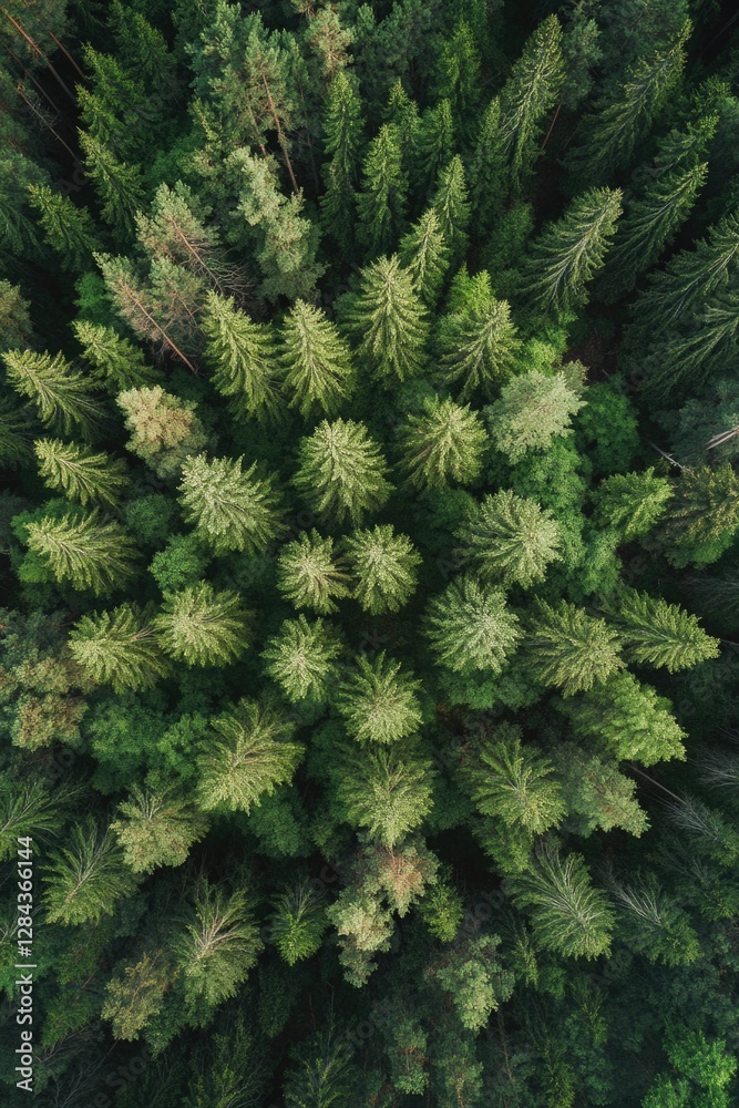 Fototapeta premium A dense, lush forest with tall trees and a vibrant green canopy.
