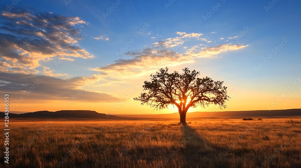 Majestic Sunset Over Lone Tree in Golden Field with Dramatic Sky : Generative AI Majestic Sunset Over Lone Tree in Golden Field with Dramatic Sky : Generative AI
