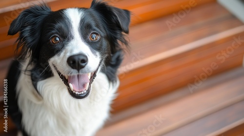 Happy Border Collie Dog on Wooden Steps photo