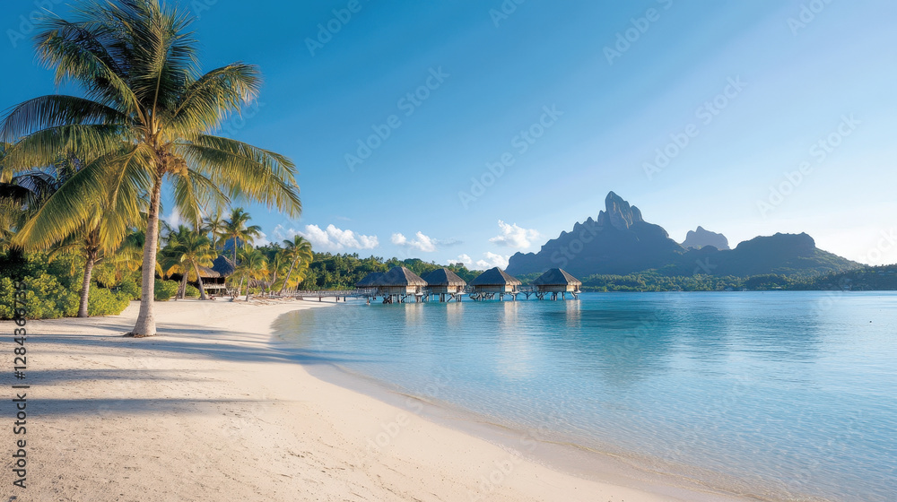 Idyllic white sand beach with palm trees, crystal-clear turquoise waters, and luxury overwater bungalows
Idyllic white sand beach with palm trees, crystal-clear turquoise waters, and luxury overwater bungalows