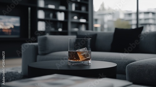 Modern living room with drink, urban view. Possible use Interior design, home decor