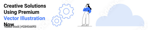Woman standing in contemplative pose near oversized gears and cloud, emphasizing creativity, technology, innovation, teamwork, brainstorming, solutions, and strategy. Ideal for tech site business