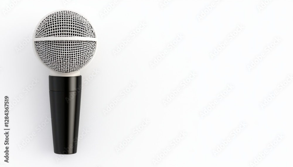 Professional microphone on white background for music and broadcasting purposes.