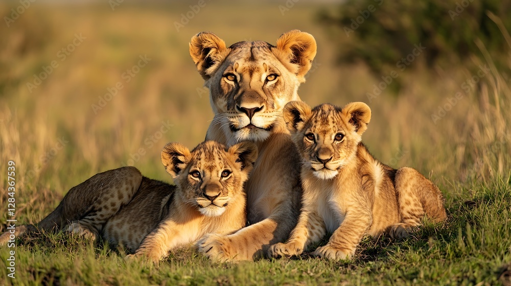 Family of Lions Relaxing Together in the Warm Sunlight on African Savannah : Generative AI Family of Lions Relaxing Together in the Warm Sunlight on African Savannah : Generative AI