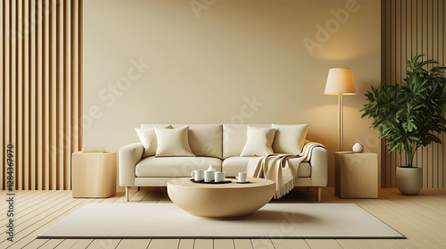 Modern Minimalist Living Room Interior With Television Set, Sofa,Green Plants, A vase with dried flowers.Elegant and Modern Living Room Design Ideas.