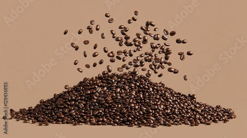 Dynamic coffee beans cascading on brown background