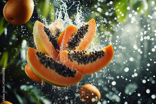 Falling tropical fruits with dynamic water splashes and drops photo