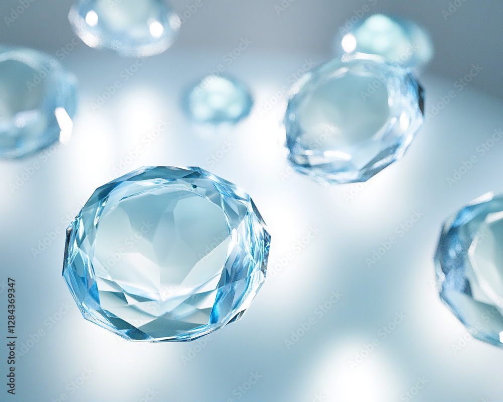 Close-up view of floating blue diamonds with sharp edges, glowing in soft light. The image represents luxury, brilliance, and the beauty of precious gemstones.