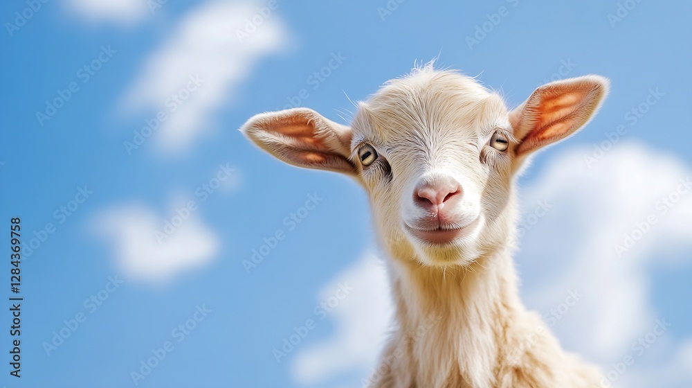 Fototapeta premium Close Up Portrait of a Cute Young Goat with Blue Sky in the Background : Generative AI