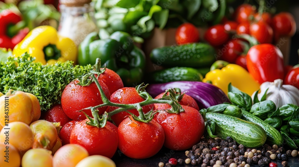 A vibrant assortment of fresh vegetables, including tomatoes, peppers, cucumbers, and herbs, arranged beautifully on a wooden surface. A vibrant assortment of fresh vegetables, including tomatoes, peppers, cucumbers, and herbs, arranged beautifully on a wooden surface.