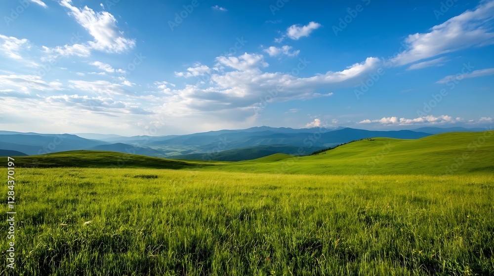 Vast green hills stretching under a bright blue sky with fluffy clouds in a picturesque landscape : Generative AI Vast green hills stretching under a bright blue sky with fluffy clouds in a picturesque landscape : Generative AI