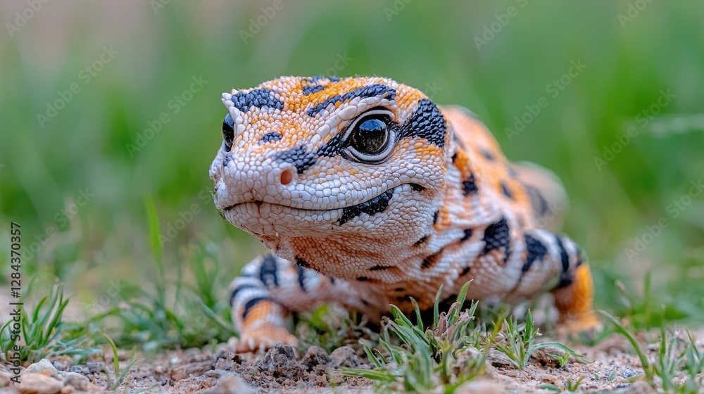 Fototapeta premium Leopard gecko portrait, grassy garden, closeup, pet reptile
