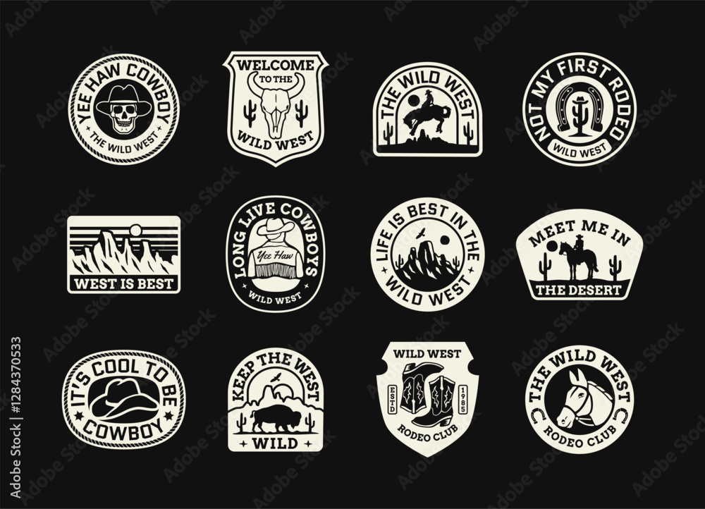 A collection of vintage western badges with cowboy skulls, desert landscapes, rodeo themes, and classic Western slogans. Perfect for stickers, t-shirts, branding, and other designs.