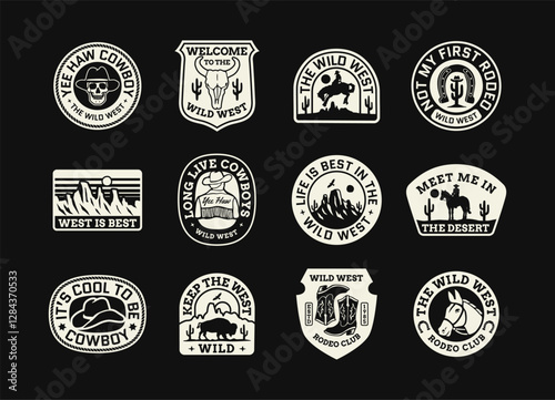 A collection of vintage western badges with cowboy skulls, desert landscapes, rodeo themes, and classic Western slogans. Perfect for stickers, t-shirts, branding, and other designs.