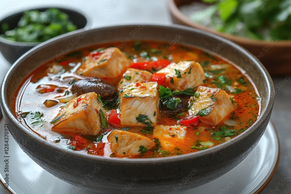 Savory fish stew with fresh herbs, tomatoes, and vegetables served in a rustic bowl Savory fish stew with fresh herbs, tomatoes, and vegetables served in a rustic bowl