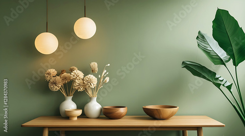 Modern Minimalist Living Room Interior With Television Set, Sofa,Green Plants, A vase with dried flowers.Elegant and Modern Living Room Design Ideas.
