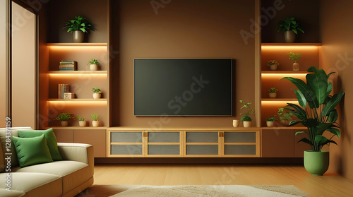 Modern Minimalist Living Room Interior With Television Set, Sofa,Green Plants, A vase with dried flowers.Elegant and Modern Living Room Design Ideas.