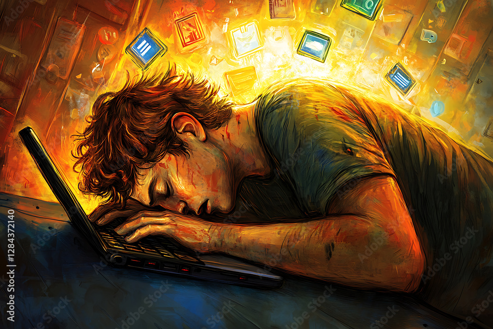 A modern digital illustration of a stressed man working on a laptop, surrounded by floating digital files and app icons. A modern digital illustration of a stressed man working on a laptop, surrounded by floating digital files and app icons.