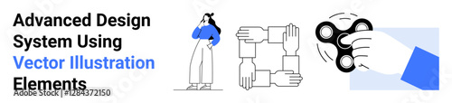 Woman thinking, interlocked hands symbolizing teamwork, spinner for innovation. Ideal for creativity, collaboration, problem-solving, modern ideas, brainstorming, innovation concepts flat landing