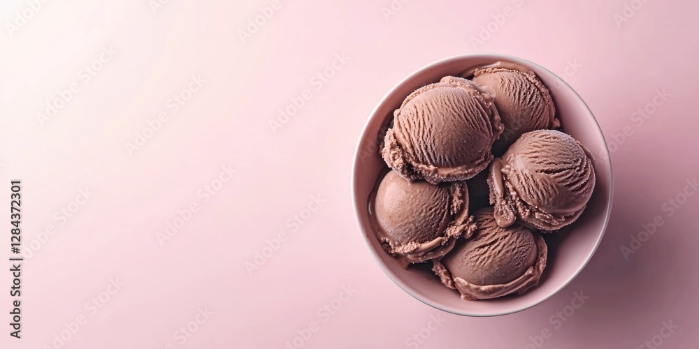 Fototapeta premium A bowl of chocolate ice cream cones presented on a pink surface, with a natural and appetizing appearance.