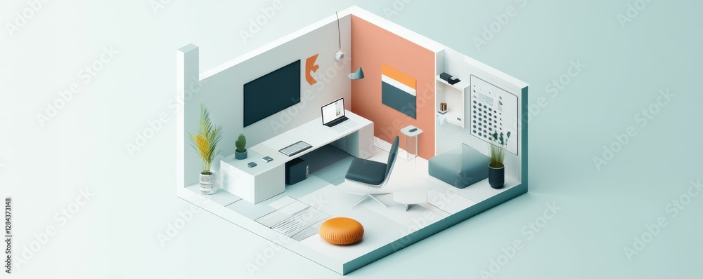 Modern minimalist home office with white furniture and geometric decor Modern minimalist home office with white furniture and geometric decor