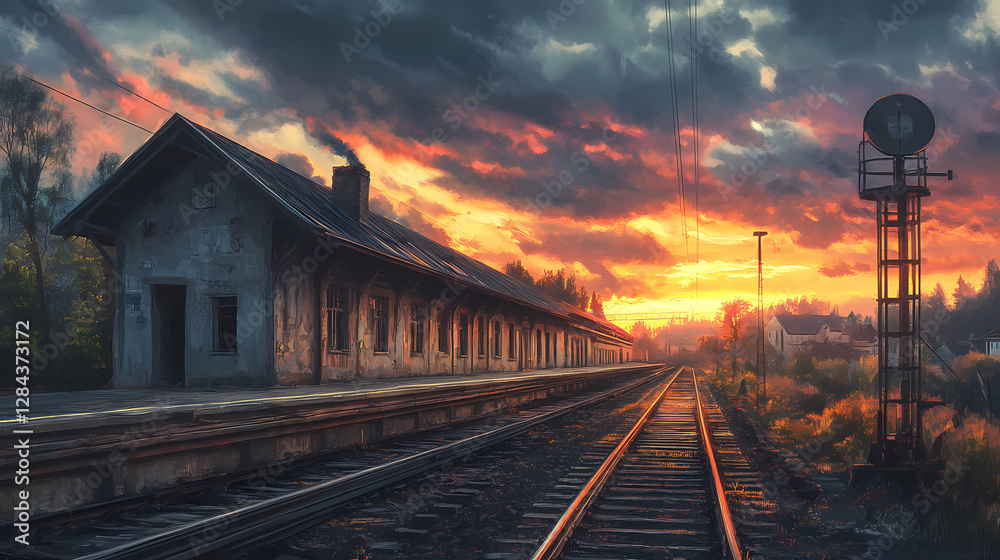 Fototapeta premium Abandoned train station at sunset. Golden Hour Train Station. Illustration