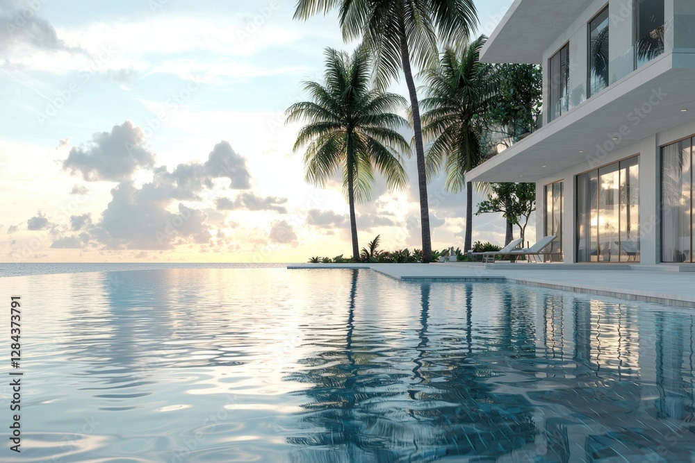 Fototapeta premium Modern villa with a pool and palm trees on a clear, sunny day