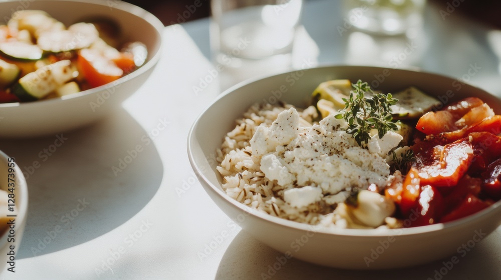 Plant based Greek power bowl featuring wild rice, grilled vegetables, and creamy feta alternative topped with fresh oregano Plant based Greek power bowl featuring wild rice, grilled vegetables, and creamy feta alternative topped with fresh oregano