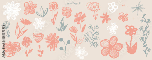 Wallpaper Mural Handdrawn floral doodles, black ink on beige background, featuring whimsical, minimalist, vintage, boho, organic, natural, abstract, decorative elements . Vector illustration Torontodigital.ca