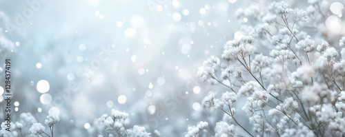 Delicate white flowers against a soft blue bokeh background