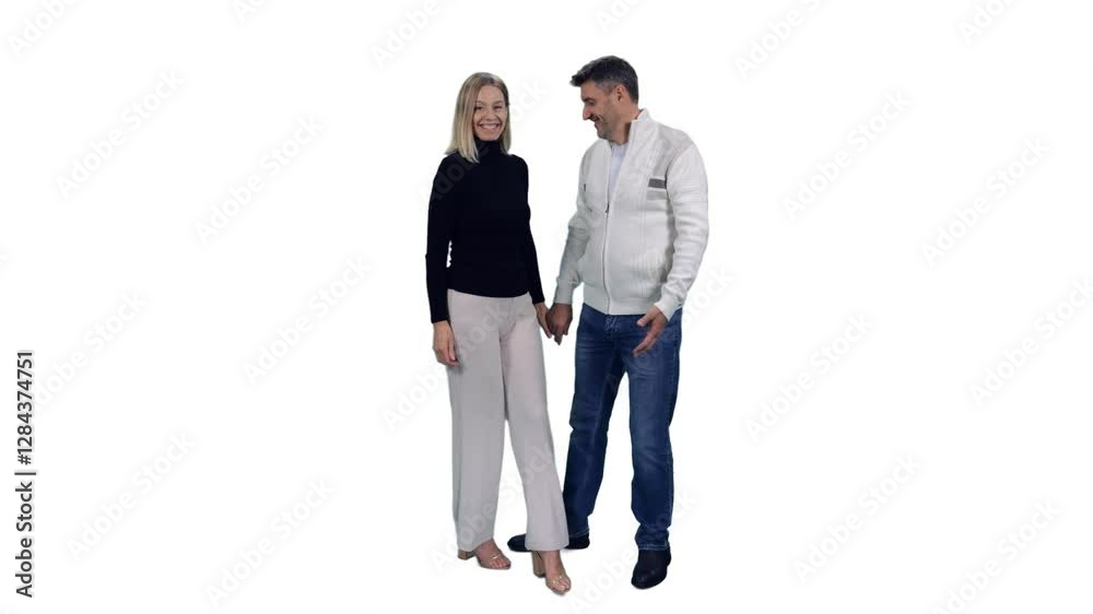 Happy adult couple standing holding hands, Full HD footage with alpha transparency channel isolated on white background 