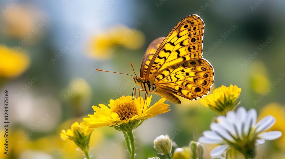 Vibrant Orange Butterfly Perched on Bright Yellow Flower Petals in a Garden Setting : Generative AI Vibrant Orange Butterfly Perched on Bright Yellow Flower Petals in a Garden Setting : Generative AI