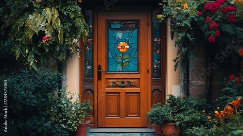 A welcoming door with stained glass and a flower pot moonflower blooming