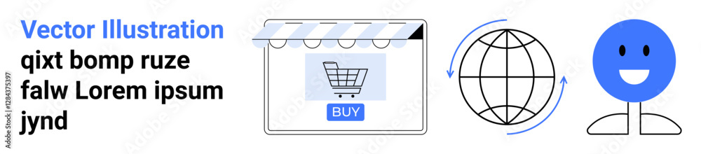 Fototapeta premium Digital storefront with cart and buy button, globe symbolizing connectivity, smiling person representing user satisfaction. Ideal for e-commerce, global trade, online business, technology, user