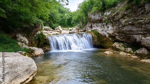 Serene landscape featuring a tranquil waterfall surrounded by lush green forest and rocky terrain : Generative AI