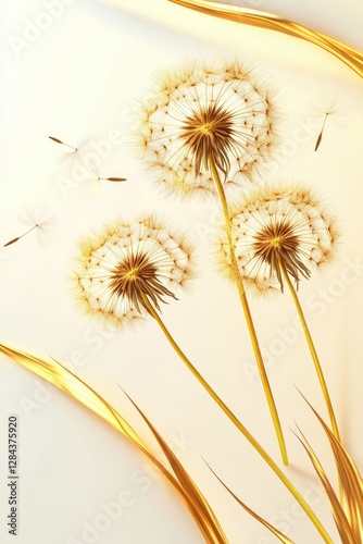 Fluffy dandelion seed heads against a grey background.
