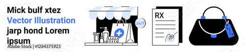 Pharmacy with medicines, prescription paperwork, and handbag suggest healthcare, shopping, and daily convenience. Ideal for healthcare, retail, pharmacy, medical prescriptions shopping flat